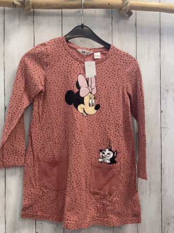 H&M  Kleid  Gr. 122/128  lachs schwarze Punkte Minnie Mouse + Katze 