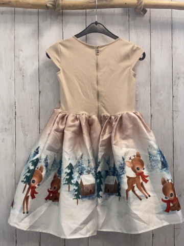 H&M  Kleid  Gr. 122/128  beige Oberteil große Schleife weiß beige Rock mit Rehen Tannenbäumen Häuser Unterrock
