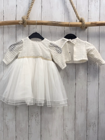 2tlg Gala Strickjacke + Kleid  Gr. 74  weiß Spitze goldenes Glitzerband Tüllrock
