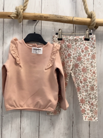 2tlg  Pullover + Leggings Gr. 80  rosa Lochmuster Rüsschen + weiß Blumen