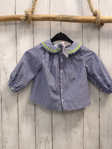 Jacadi Bluse  Gr. 98  blau weiße Streifen Kragen mit hellgrüner Wellenborte 