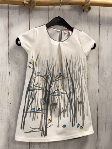   Kleid  Gr. 104  weiß graue Äste Vögel 