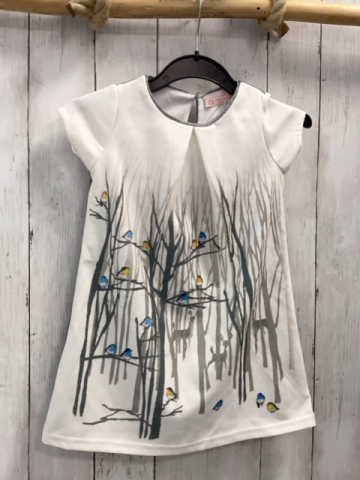   Kleid  Gr. 104  weiß graue Äste Vögel 