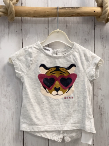 DKNY T-Shirt  Gr. 74  hellgrau Tigerkopf mit Glitzer + Glitzerbrille 
