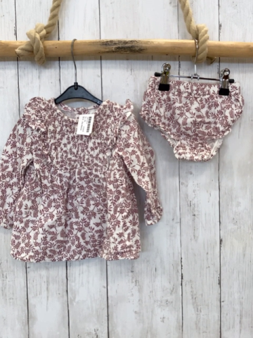 2tlg Mango  Kleid + Höschen  Gr. 74  weiß weinrote Blätter gesmokter Ausschnitt 