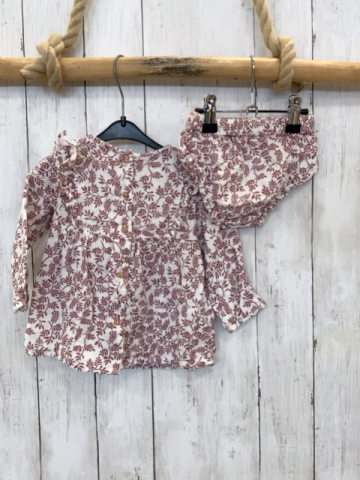 2tlg Mango  Kleid + Höschen  Gr. 74  weiß weinrote Blätter gesmokter Ausschnitt 