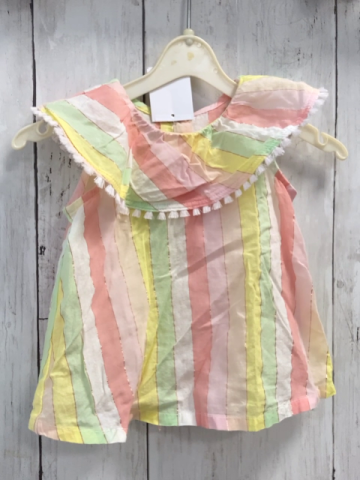 Benetton  Sommerbluse  Gr. 62  rosa lachs weiß hellgrün gelb goldene Streifen Kragen mit Fransensaum 