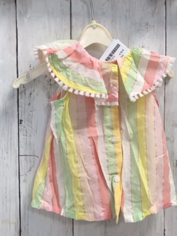 Benetton  Sommerbluse  Gr. 62  rosa lachs weiß hellgrün gelb goldene Streifen Kragen mit Fransensaum 