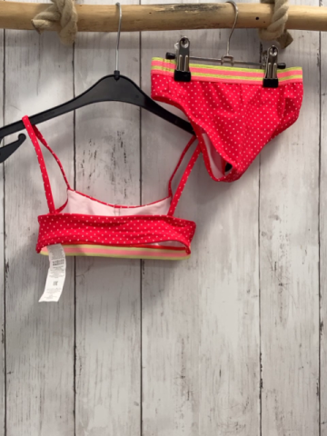 2tlg  Bikini  Gr. 104  rot weiße Punkte hellrot hellgrüner Streifenbund mit Glitzer 