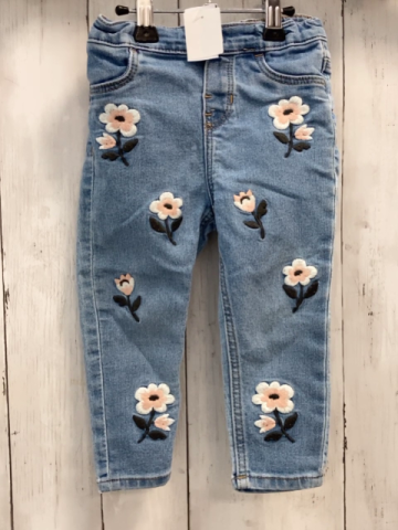 H&M Hose Gr. 86  blau Jeans gestickte Blumen Bund verstellbar