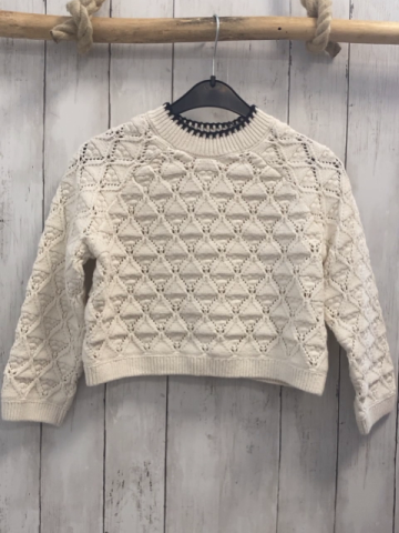 Zara  Pullover  Gr. 128  weiß Strick Zöpfe Noppen schwarzer Bund 