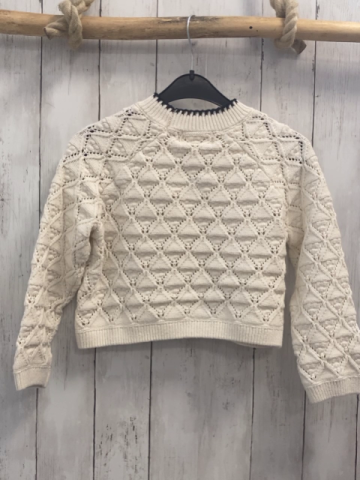 Zara  Pullover  Gr. 128  weiß Strick Zöpfe Noppen schwarzer Bund 