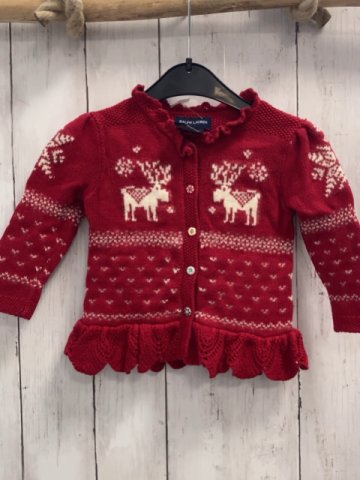 Ralph Lauren  Strickjacke  Gr. 80  rot weißes Muster mit Hirschen Rüschensaum mit Lochmuster