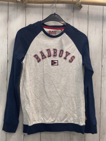 Bad Boys  Langarmshirt  Gr. 146/152  grau mit Schrift blaue Ärmel + Bund 