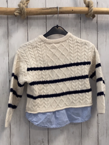 Zara  Pullover  Gr. 110  weiß blaue Streifen Strick Zöpfe hellblauer Blusensaum 