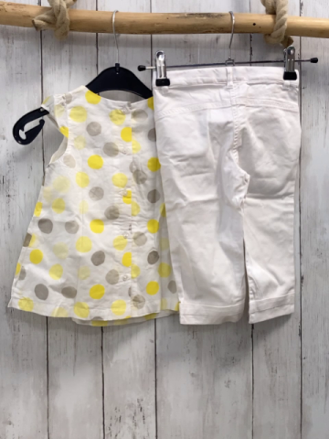 2tlg Vertbaudet  Sommerbluse +  Caprihose  Gr. 80  weiß gelb graue Punkte + weiß 