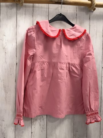 Mini Boden  Bluse  Gr. 152  rosa gesmokter Brustbereich mit roten Herzen großer Kragen mit roten Rüschenbund 