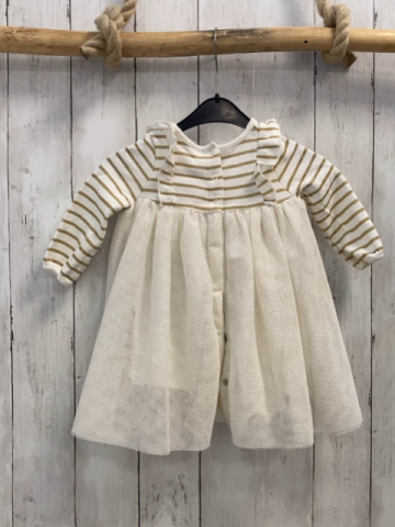 Petit Bateau  Kleid  Gr. 74  weiß golden gestreiftes Oberteil Tüllüberrock mit goldenen Glitzerpunkten 