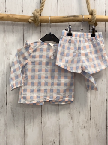 H&M 2tlg Bluse + Shorts Gr. 68  rosa blau beige weiß kariert