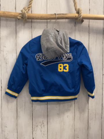   Jacke Gr. 98  marineblau Schrift graue Kapuze blau gelb weißer Streifenbund 