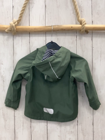   Regenjacke  Gr. 80  kiwi gummiert Kapuze blau weiß gestreiftes Futter 