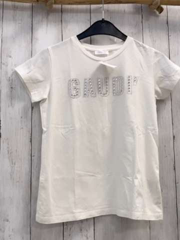 Gaudi  T-Shirt  Gr. 140  weiß Schrift aus Steinen Schleife auf der Schulter 