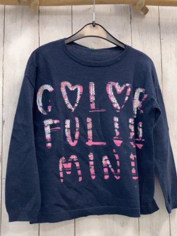 Benetton  Pullover  Gr. 116  blau Feinstrick + pink blaue Schrift mit transparenten Pailetten 