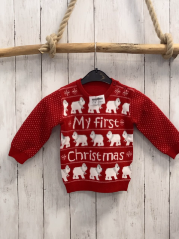   Pullover  Gr. 80  rot Strick Eisbären weiße Häkchen Schrift 