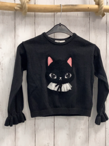 H&M  Pullover  Gr. 110  grau Strick mit Glitzer schwarzer Plüschkatzenkopf mit Pailetten 