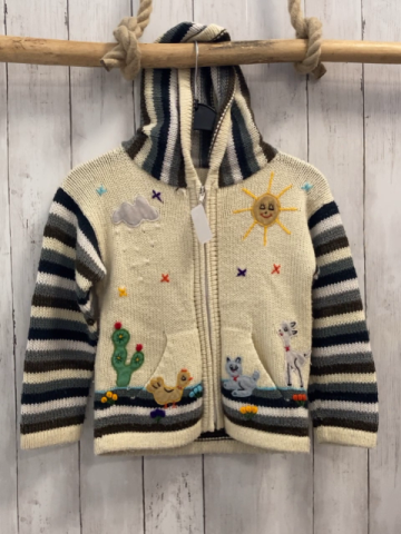   Strickjacke  Gr. 116  weiß Landschaft + grau hellgrau schwarz weiß gestreifte Ärmel + Kapuze 