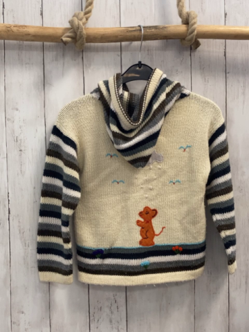   Strickjacke  Gr. 116  weiß Landschaft + grau hellgrau schwarz weiß gestreifte Ärmel + Kapuze 