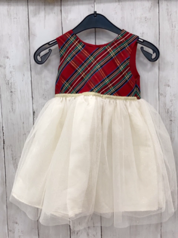  Kleid Gr. 92  rot grün gelb kariertes Oberteil weißer Tüllrock mit Glitzerpunkten