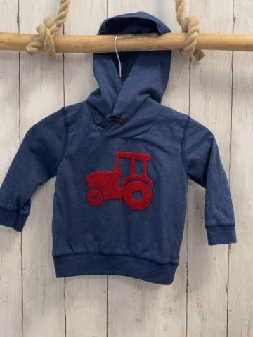  Pullover  Gr. 86  blau roter Plüschtraktor Kapuze 