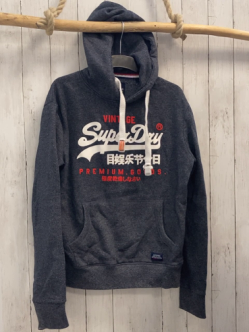 Superdry  Pullover  Gr. M blau grau meliert  Kapuze rot weiße Schrift 
