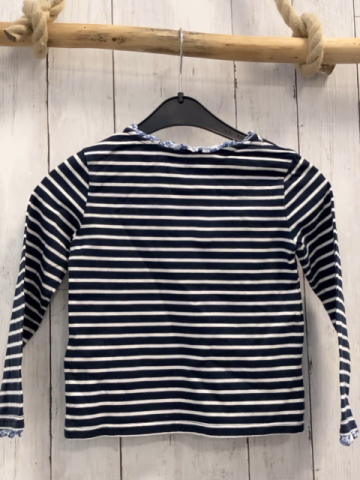 Cyrillus  Pullover  Gr. 116  blau weiße Streifen weißer Rüschenbund mit hellblauen Blumen 