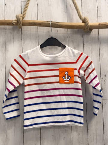 Jacadi Langarmshirt  Gr. 116  weiß mit bunten Streifen orange Tasche mit Anker 