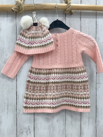 2tlg Adrienne Vittadini  Kleid + Mütze  Gr. 74  rosa Strick + Muster Mütze mit 2 weißen Fellbommeln 