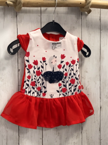 Boboli  T-Shirt  Gr. 74  weiß roter Rüschensaum Mädchen mit Tulpen 