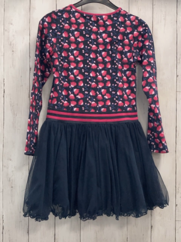 Lofft  Kleid Gr. 134/140  blaues Oberteil mit pink rosa Blumen lila Stengeln Tüllüberrok 