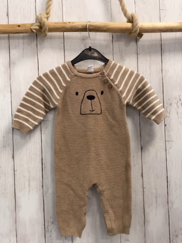  Strickoverall Gr. 68  beige gestreifte Ärmel Bärengesicht