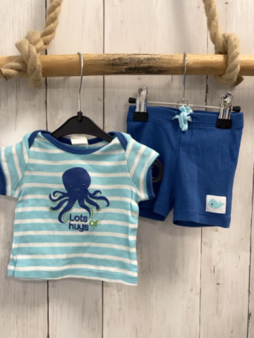 2tlg H&M T-Shirt + Shorts  Gr. 50  hellblau weiße Streifen Krake + blau 