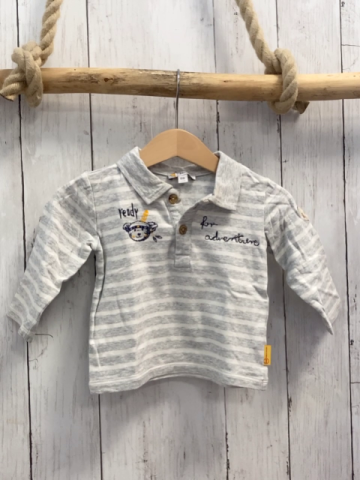 Steiff  Langarmshirt  Gr. 68  hellgrau weiße Streifen Bärenkopf Schrift Polokraen 