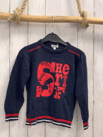 Alphabet  Pullover  Gr. 110  blau Strick rote Schrift + Nähte rot blau weißer Streifenbund 