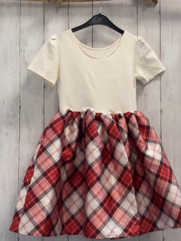 H&M  Kleid  Gr. 134/140  creme Oberteil + weiß creme rot schwarz karierter Rock + große Schleife 