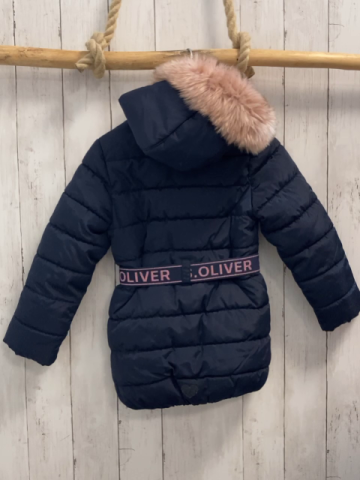 S´Oliver  Winterjacke  Gr. 116  blau Kapuze mit abtrennbrem Fellbund Gürtel mit rosa GLitzerschrift 