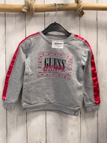 Guess  Pullover  Gr. 98  grau Schrift mit Glitzer pink Streifen an den Ärmeln 