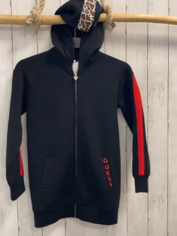 Guess  Longjacke  Gr. 152  schwarz Kapuze rotes Band mit Glitzer rote gestickte Schrift beige Band mit braun schwarzem leoprint mit roter Pailettenschrift 