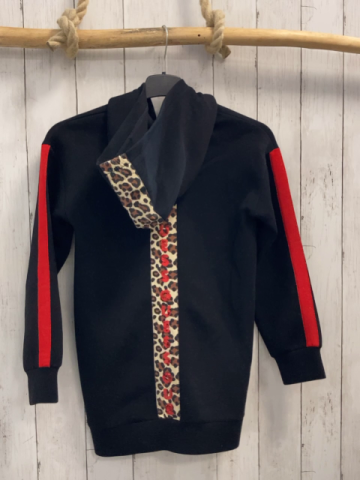 Guess  Longjacke  Gr. 152  schwarz Kapuze rotes Band mit Glitzer rote gestickte Schrift beige Band mit braun schwarzem leoprint mit roter Pailettenschrift 