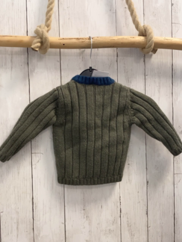 Petit Bateau  Strickjacke  Gr. 74  oliv Rippen Zöpfe blauer Bund 