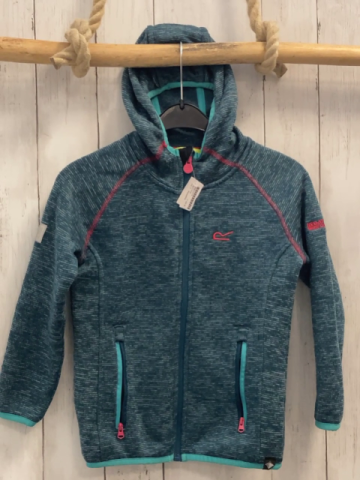 Regatta  Strickjacke  Gr. 116  petrol grau meliert pink Nähte Schrift Kapuze 